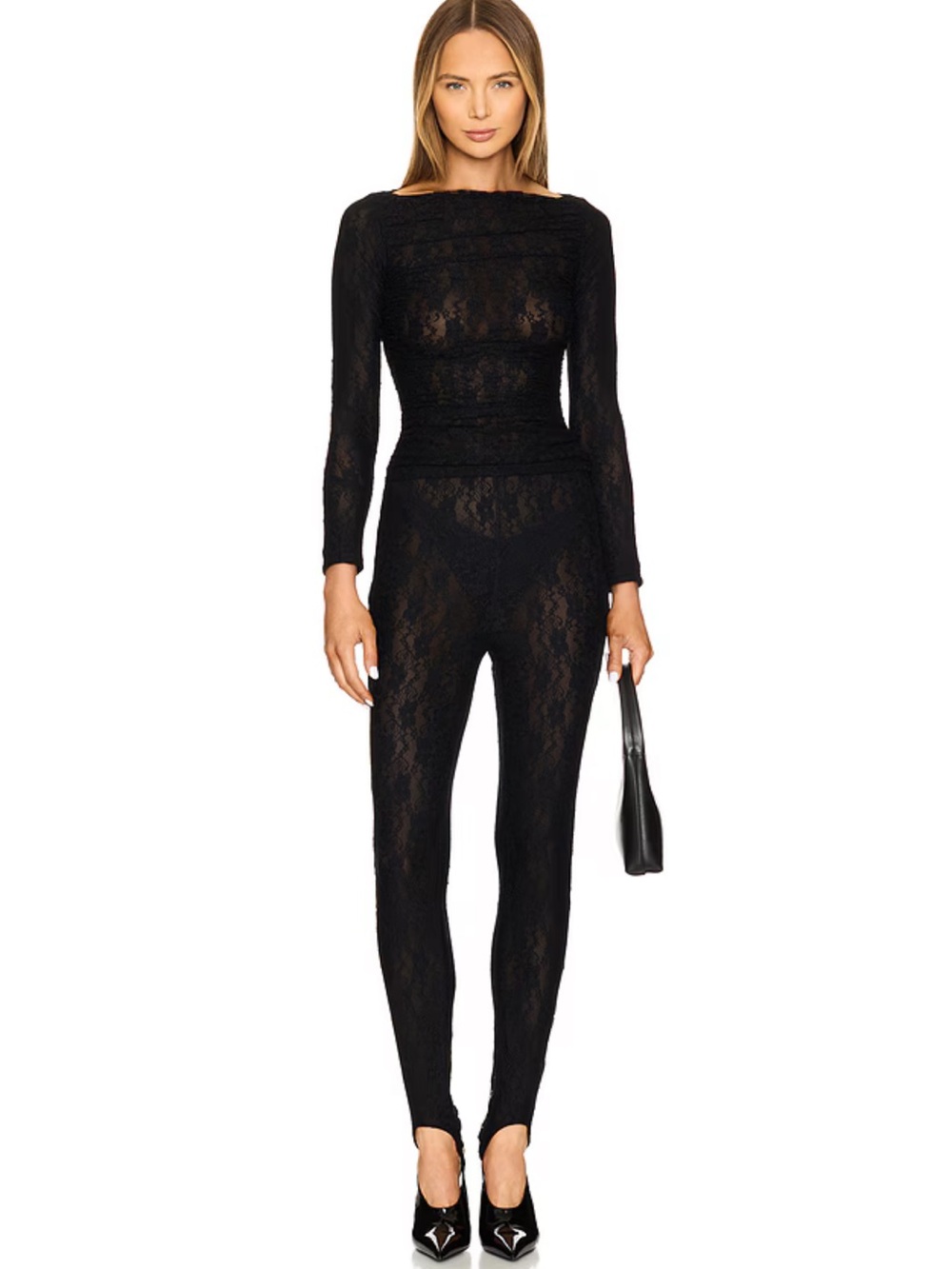 Lovers + Friends Gwen Black Lace Long-Sleeve Top and Pant set